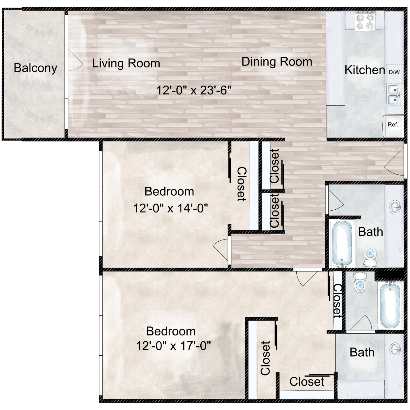 Floor plan for 2 beds, 2 baths, 1133 sqft